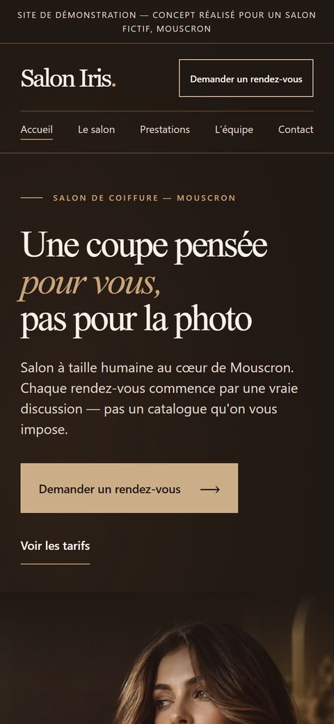 Aperçu de la démo Salon Iris (projet de démonstration) affichée sur smartphone